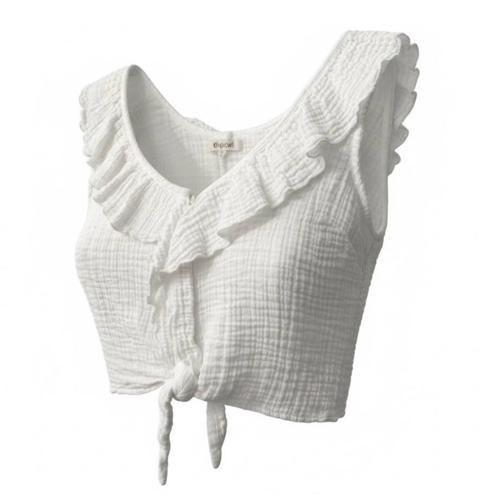 Rip Curl White Linen Ruffled Crop Top, Size XS